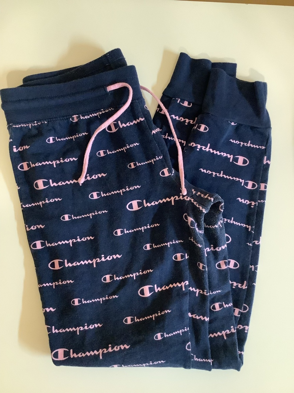 Champion Size Small Navy Sweatpants with Pink Logo Print, Preloved